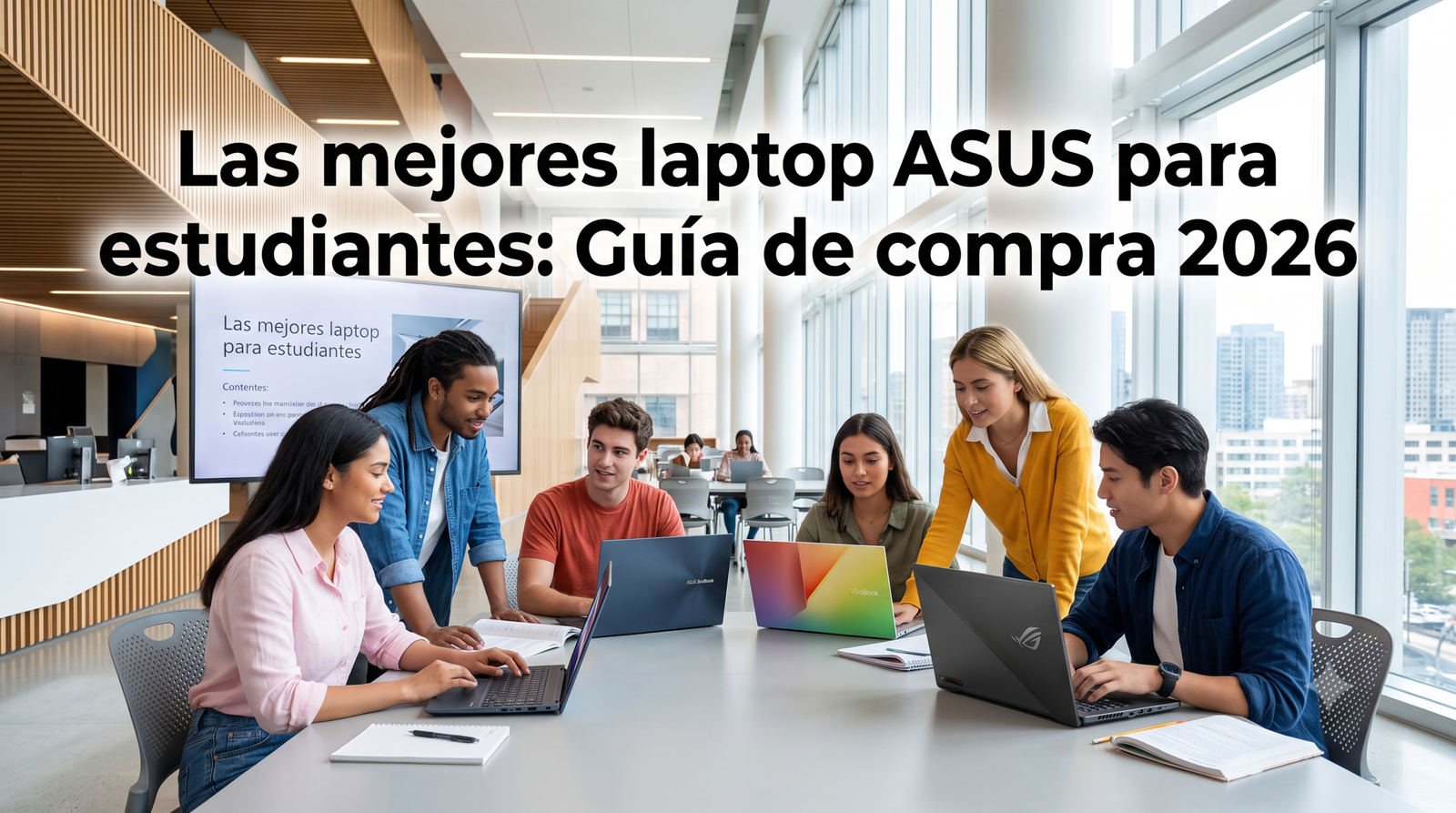 Grupo de estudiantes diversos colaborando y estudiando en una mesa dentro de una biblioteca moderna y luminosa, usando diferentes modelos de laptops ASUS. Sobre la imagen aparece centrado el título en letras grandes: "Las mejores laptop ASUS para estudiantes: Guía de compra 2026"