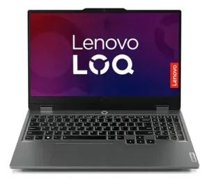 Laptop gamer lenovo loq rtx 4050 con pantalla encendida y teclado completo