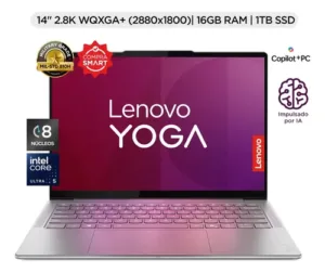 Laptop Lenovo Slim 7i abierta de frente mostrando pantalla de inicio Lenovo Yoga