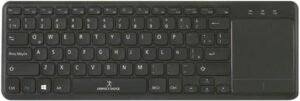 Vista superior del teclado inalambrico touchpad pc-201021 con distribución en español y panel táctil integrado.