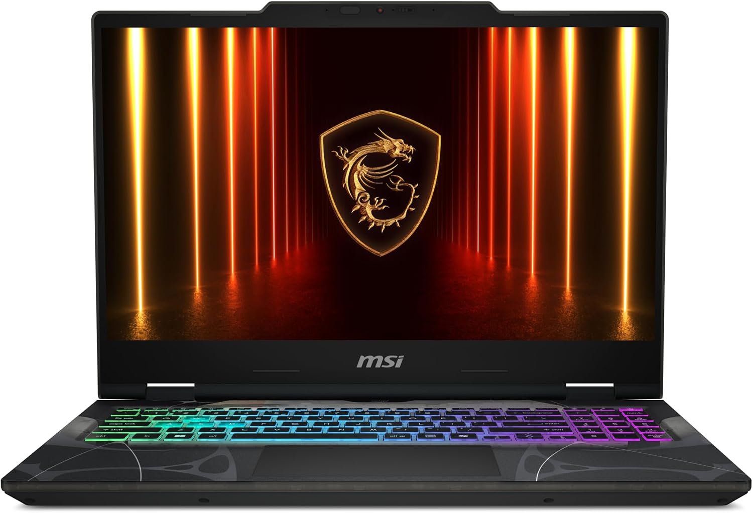 Vista frontal MSI Cyborg 15 Vista frontal de la pantalla y el teclado de la MSI Cyborg 15 encendida.
