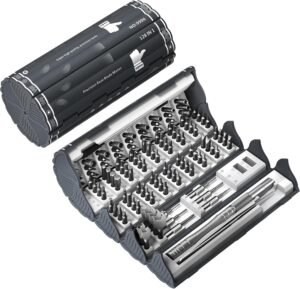 Estuche abierto del juego de destornilladores de precision vman wj003 con múltiples puntas y mango metálico.