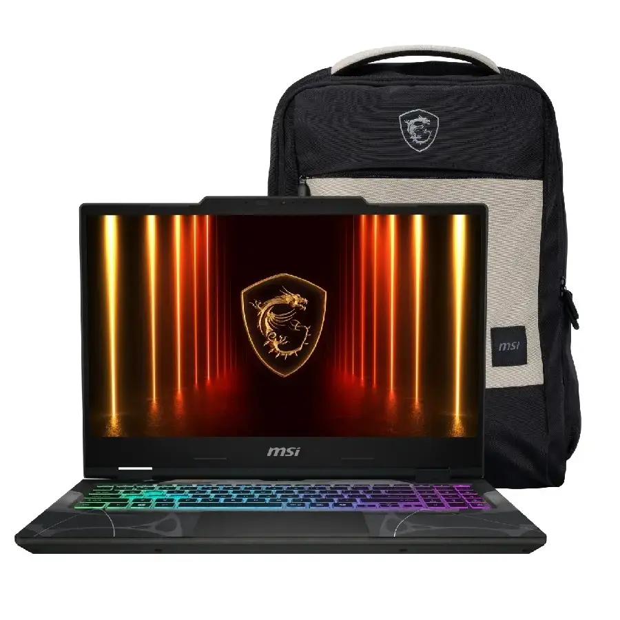 MSI Cyborg 15 con mochila Laptop junto a la mochila oficial de transporte incluida en la caja.