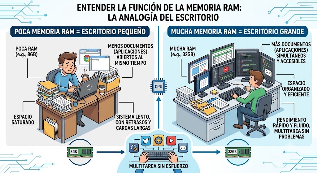 Infografía que explica la función de la memoria RAM comparándola con un escritorio de oficina. Se divide en dos secciones. La sección izquierda, titulada "Poca memoria RAM = Escritorio pequeño", muestra a un trabajador estresado en un escritorio reducido y saturado de papeles, con una computadora lenta; esto representa un equipo con 8GB de RAM donde se pueden abrir menos aplicaciones. La sección derecha, titulada "Mucha memoria RAM = Escritorio grande", muestra a un trabajador feliz en un escritorio amplio y organizado con múltiples monitores y aplicaciones abiertas al mismo tiempo; esto representa un equipo con 32GB de RAM que permite una multitarea fluida y rápida.