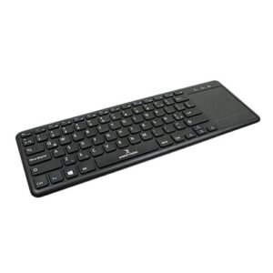 Vista en perspectiva de teclado multimedia con panel táctil integrado y teclas de perfil bajo.