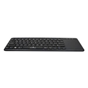 Vista frontal de teclado inalámbrico extra plano con distribución en español y touchpad lateral.