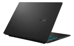 Tapa posterior negra de laptop Asus con logotipo minimalista y puertos laterales