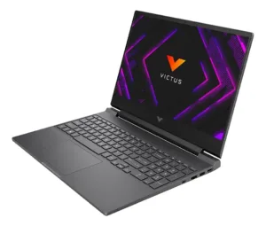 Vista lateral en perspectiva de laptop para juegos mostrando puertos de conexión y teclado numérico