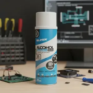 Envase de spray limpiador de componentes electrónicos en un taller de reparación técnica