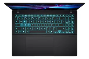 Teclado retroiluminado en color turquesa y panel táctil de laptop para videojuegos