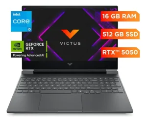 Laptop gamer HP con especificaciones de procesador Intel Core i5, dieciséis gigas de RAM y gráficos GeForce
