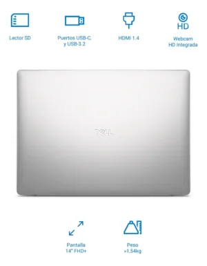 Tapa plateada de laptop Dell con iconos de puertos USB-C, HDMI, lector SD y peso ligero