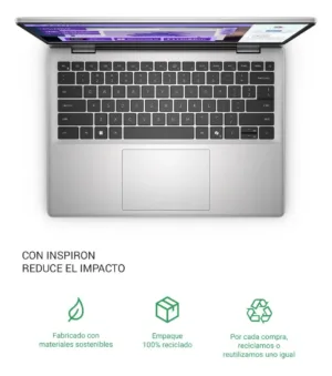 Vista aérea del teclado de laptop Dell Inspiron y detalles de fabricación sostenible y ecológica