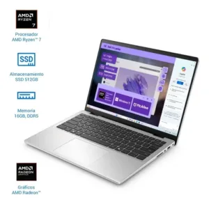 Laptop Dell de 14 pulgadas vista lateral con iconos de procesador Ryzen 7, SSD de 512GB y memoria DDR5