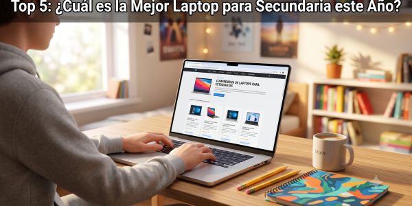 Joven estudiante utilizando una laptop recomendada para la escuela secundaria en un escritorio con útiles escolares, ilustrando una guía de compra de computadoras portátiles para estudiantes.