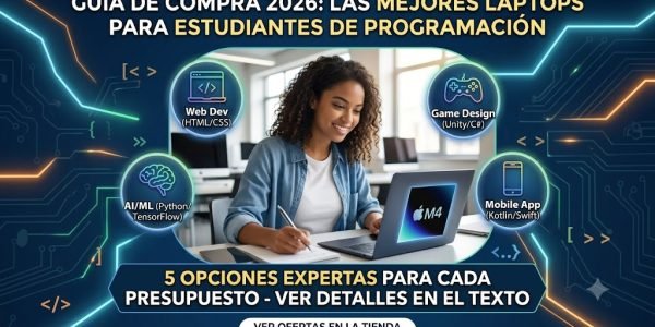 Estudiante universitaria de informática escribiendo código en una laptop. Infografía interactiva con recomendaciones de las mejores laptops para estudiantes de programación en 2026, abarcando presupuestos para desarrollo web, inteligencia artificial, creación de videojuegos y aplicaciones móviles.