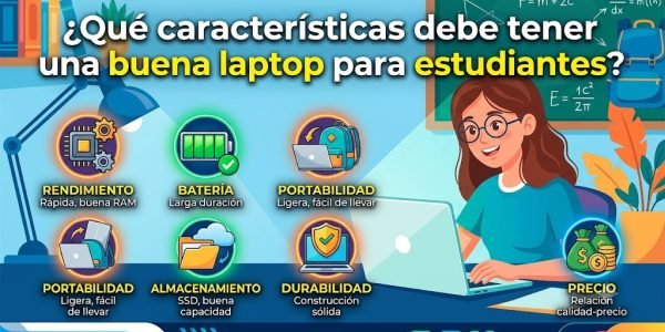 Una infografía educativa en español detallando los factores clave para elegir la mejor laptop para estudiantes, como rendimiento, duración de batería, portabilidad, almacenamiento, durabilidad y precio. Una estudiante ilustrada aparece en un entorno de estudio.