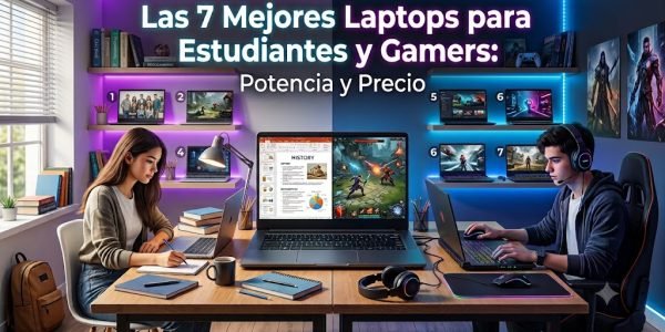Una infografía dividida para un artículo sobre las 7 mejores laptops que equilibran el estudio y el juego. La imagen muestra a una mujer estudiando a la izquierda y a un hombre jugando a la derecha, con un texto de título grande que dice "Las 7 Mejores Laptops para Estudiantes y Gamers: Potencia y Precio". En el fondo, hay siete laptops numeradas del 1 al 7 exhibidas en estantes, que ilustran una lista de opciones que balancean el rendimiento y el precio
