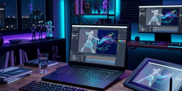 Estudio creativo con laptop workstation mostrando animación 3D y motion graphics 2D en pantalla para la guía de mejores laptops de animación