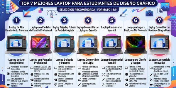 Una infografía detallada que presenta las 7 mejores laptops para estudiantes de diseño gráfico, con categorías como 'Alto Rendimiento', 'Pantalla Profesional' y 'Convertible con Lápiz', y sus características técnicas clave para diseñadores.