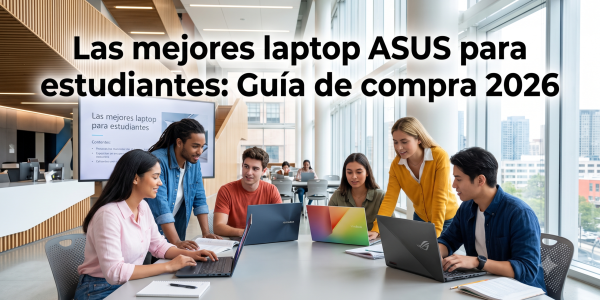 Grupo de estudiantes diversos colaborando y estudiando en una mesa dentro de una biblioteca moderna y luminosa, usando diferentes modelos de laptops ASUS. Sobre la imagen aparece centrado el título en letras grandes: "Las mejores laptop ASUS para estudiantes: Guía de compra 2026"